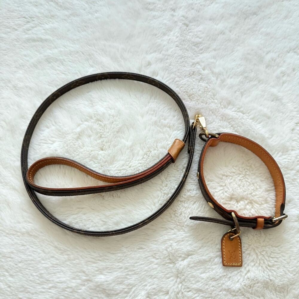 Louis Vuitton Dog Lead Monogram Brown Leather Pet Accessary Authentic